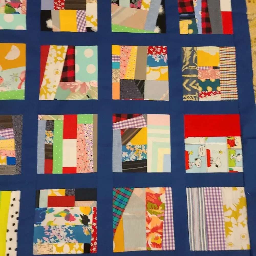 Scrappy Patchwork Colorful Crumb Crazy Baby Lap Quilt Top Blue Sashing 42